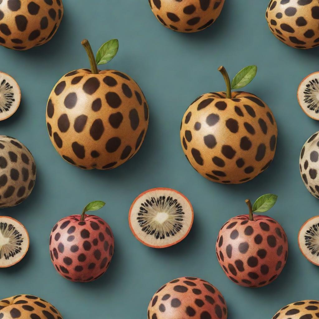 Produce a 3D design of a fruit with leopard skin pattern without any anthropomorphic features. Ensure the design is very realistic and the spots are artistically placed like on a leopard's skin.