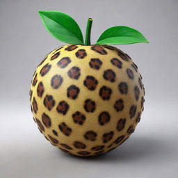 Produce a 3D design of a fruit with leopard skin pattern without any anthropomorphic features. Ensure the design is very realistic and the spots are artistically placed like on a leopard's skin.