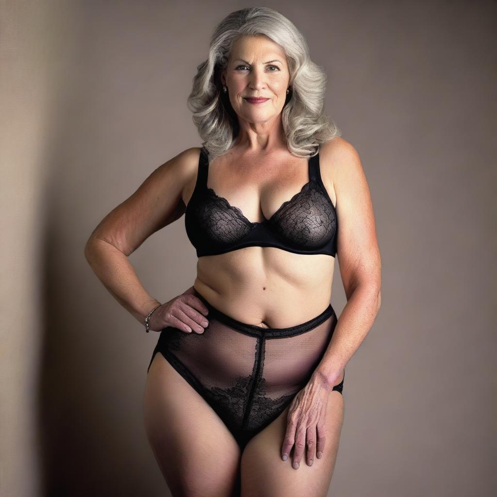 An ultra-realistic high-quality photograph portrays a white woman in her 50s