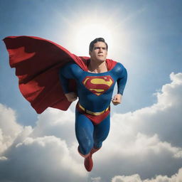 Superman soaring high in the sky with sunlight glinting off him, set against a backdrop of fluffy clouds.