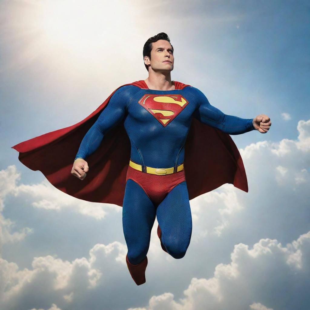 Superman soaring high in the sky with sunlight glinting off him, set against a backdrop of fluffy clouds.