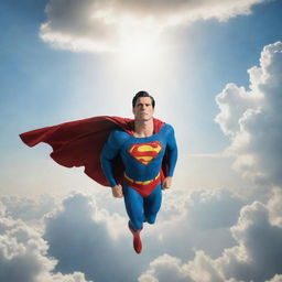 Superman soaring high in the sky with sunlight glinting off him, set against a backdrop of fluffy clouds.