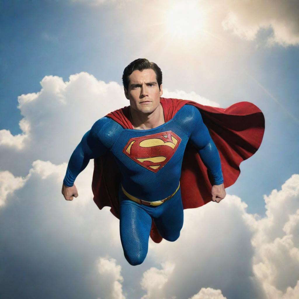 Superman soaring high in the sky with sunlight glinting off him, set against a backdrop of fluffy clouds.