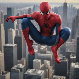 A detailed and vibrant image of Spiderman, poised in his iconic web-slinging position against a backdrop of a bustling city skyline.