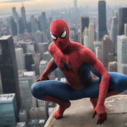 A detailed and vibrant image of Spiderman, poised in his iconic web-slinging position against a backdrop of a bustling city skyline.