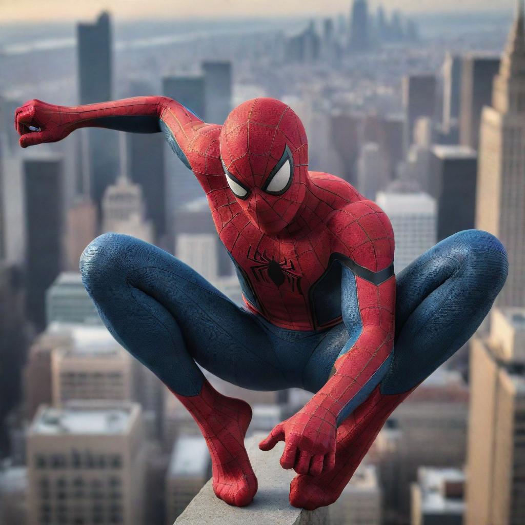 A detailed and vibrant image of Spiderman, poised in his iconic web-slinging position against a backdrop of a bustling city skyline.