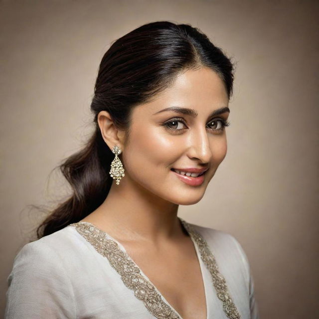 A refined and high-resolution portrait of Kareena Kapoor, the renowned Bollywood actress, donning an elegant attire, with her signature expressive eyes and radiant smile.