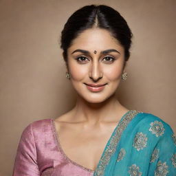 A refined and high-resolution portrait of Kareena Kapoor, the renowned Bollywood actress, donning an elegant attire, with her signature expressive eyes and radiant smile.