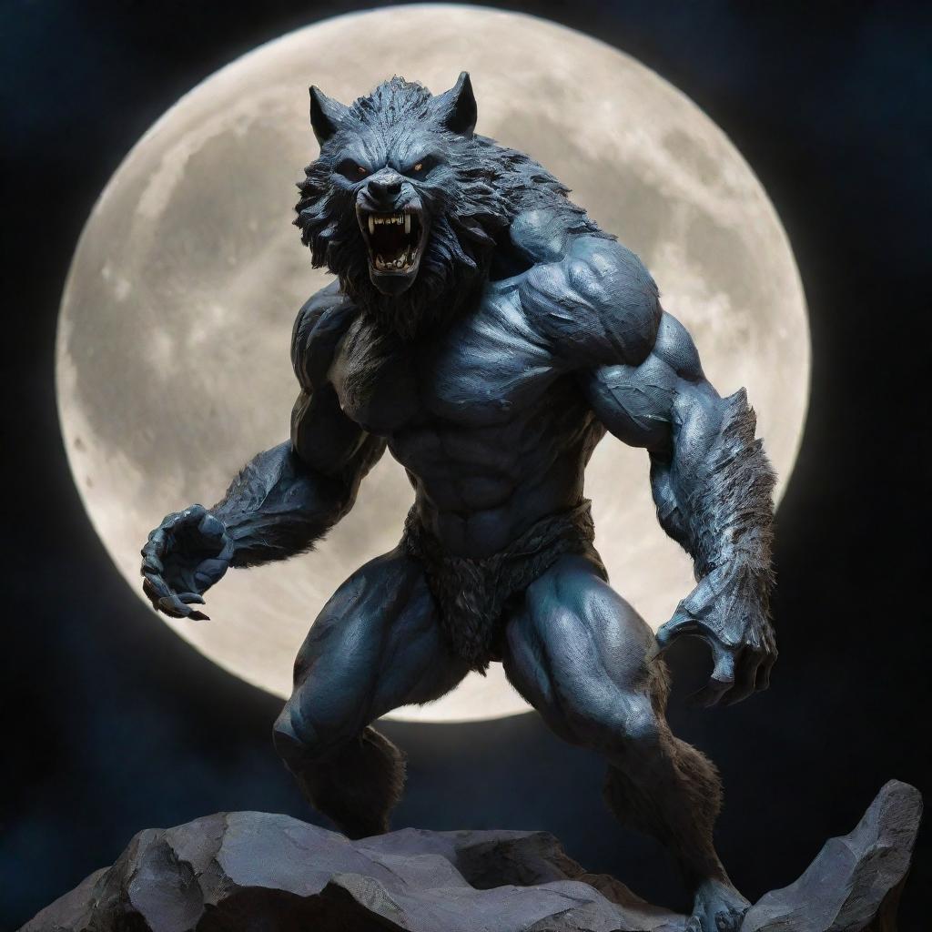 A vivid image of a Wolfman, depicted in a mysterious moonlit scene. The character, an amalgam of human and wolf features, stands in a dynamic pose, exuding a primal aura of strength and fierceness.