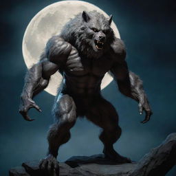 A vivid image of a Wolfman, depicted in a mysterious moonlit scene. The character, an amalgam of human and wolf features, stands in a dynamic pose, exuding a primal aura of strength and fierceness.