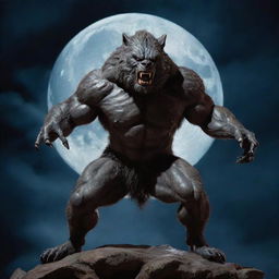 A vivid image of a Wolfman, depicted in a mysterious moonlit scene. The character, an amalgam of human and wolf features, stands in a dynamic pose, exuding a primal aura of strength and fierceness.