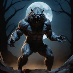 A vivid image of a Wolfman, depicted in a mysterious moonlit scene. The character, an amalgam of human and wolf features, stands in a dynamic pose, exuding a primal aura of strength and fierceness.