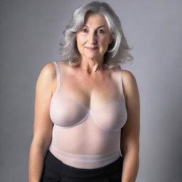 An ultra-realistic, high-quality photograph features a thin, white woman in her 50s
