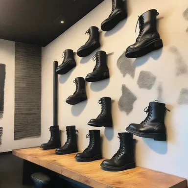 The industrial-themed coffee shop had rows of combat boots decorating the walls as a unique design element.