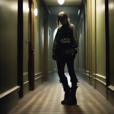 The protagonist, trapped in a haunted mansion, cautiously crept through the dark corridors wearing a pair of worn combat boots.