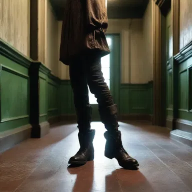 The protagonist, trapped in a haunted mansion, cautiously crept through the dark corridors wearing a pair of worn combat boots.