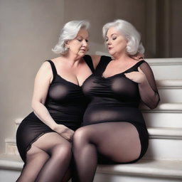 This is an ultra-realistic, high-quality photograph of two thin, white women in their 50s