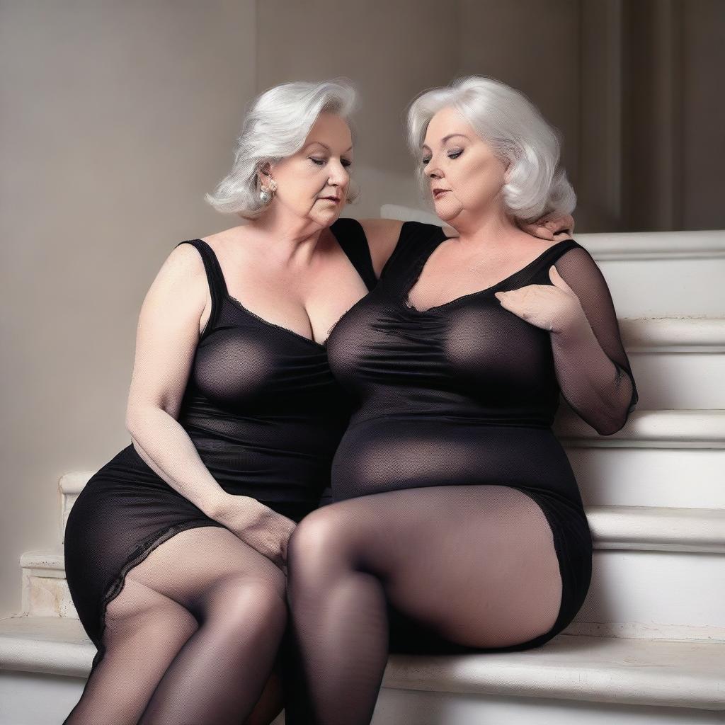 This is an ultra-realistic, high-quality photograph of two thin, white women in their 50s