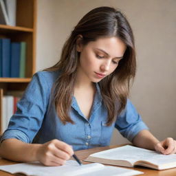 Illustration of an attractive girl deeply engrossed in studying a book.