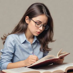 Illustration of an attractive girl deeply engrossed in studying a book.