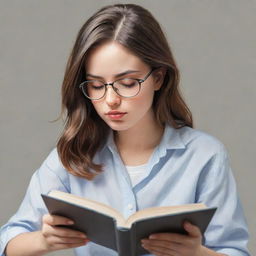 Illustration of an attractive girl deeply engrossed in studying a book.