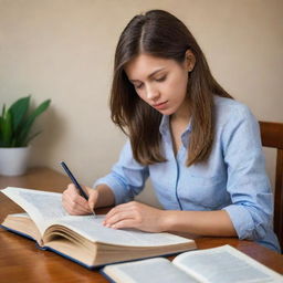 Illustration of an attractive girl deeply engrossed in studying a book.