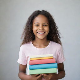 A joyous girl, with a radiant smile, holding an assortment of books in her hands.