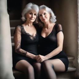 An ultra-realistic, high-quality photograph capturing two skinny, white women in their 50s