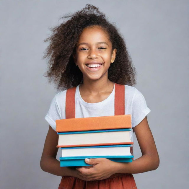 A joyous girl, with a radiant smile, holding an assortment of books in her hands.