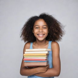 A joyous girl, with a radiant smile, holding an assortment of books in her hands.