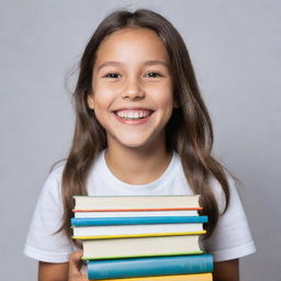 A joyous girl, with a radiant smile, holding an assortment of books in her hands.