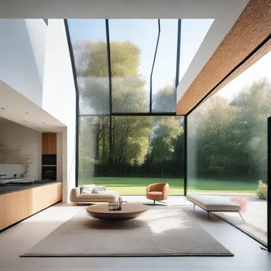 In this modern minimalist house, large windows and a high ceiling are incorporated to create an open and airy space, with the intention to dry out any feelings of claustrophobia.