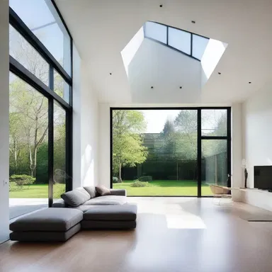 In this modern minimalist house, large windows and a high ceiling are incorporated to create an open and airy space, with the intention to dry out any feelings of claustrophobia.