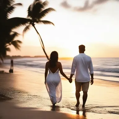 As the couple walked hand in hand along the beach, they watched the sunset, feeling the warm rays dry out their wet clothes from a spontaneous dip in the ocean.