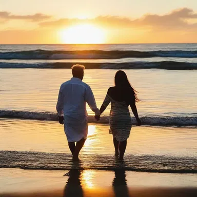 As the couple walked hand in hand along the beach, they watched the sunset, feeling the warm rays dry out their wet clothes from a spontaneous dip in the ocean.