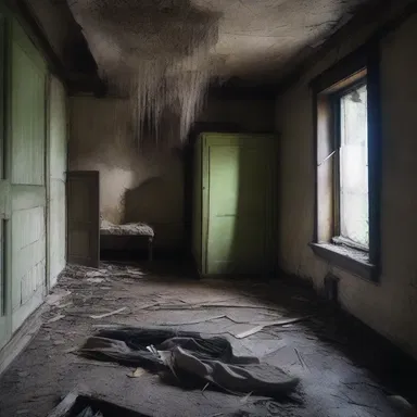 The abandoned house had a sinister atmosphere, with cobwebs covering everything, making the place feel like it had been empty for years and never had the opportunity to dry out.