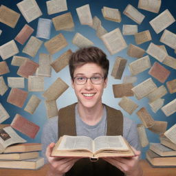 An animated thumbnail for a YouTube channel featuring a triumphant student, superimposed over a background collage of miniature books, representing the 10 best study tips for exams.