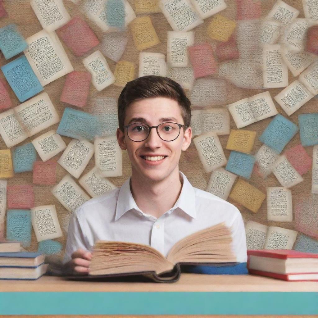 An animated thumbnail for a YouTube channel featuring a triumphant student, superimposed over a background collage of miniature books, representing the 10 best study tips for exams.