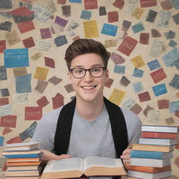 An animated thumbnail for a YouTube channel featuring a triumphant student, superimposed over a background collage of miniature books, representing the 10 best study tips for exams.