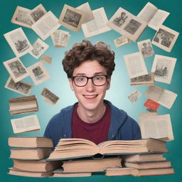 An animated thumbnail for a YouTube channel featuring a triumphant student, superimposed over a background collage of miniature books, representing the 10 best study tips for exams.