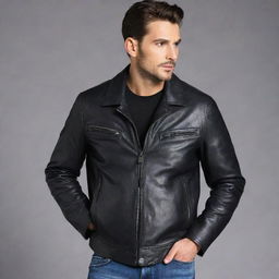 Design an extremely unique, detailed, and stylish leather jacket for men. It should incorporate innovative features, unusual colors, or distinctive patterns.