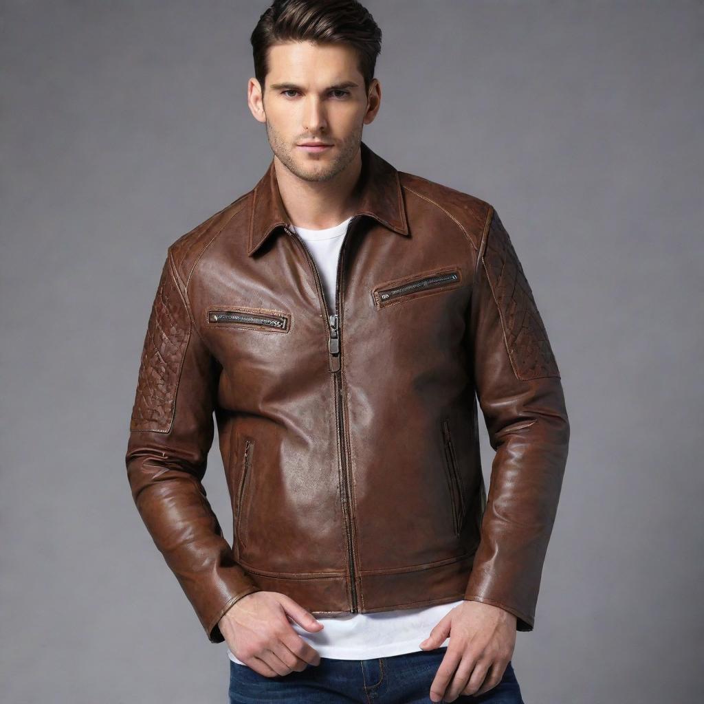 Design an extremely unique, detailed, and stylish leather jacket for men. It should incorporate innovative features, unusual colors, or distinctive patterns.