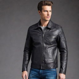 Design an extremely unique, detailed, and stylish leather jacket for men. It should incorporate innovative features, unusual colors, or distinctive patterns.