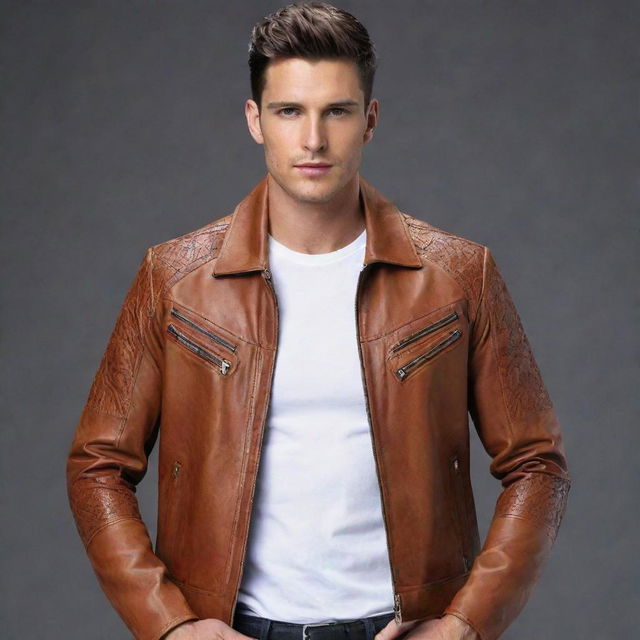 Design an extremely unique, detailed, and stylish leather jacket for men. It should incorporate innovative features, unusual colors, or distinctive patterns.