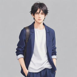 A cool anime character, embodying the aura of a diligent and stylish college student, dawning fashionable, casual attire representative of modern trends.