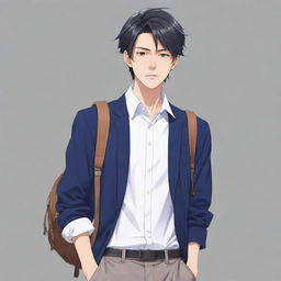 A cool anime character, embodying the aura of a diligent and stylish college student, dawning fashionable, casual attire representative of modern trends.