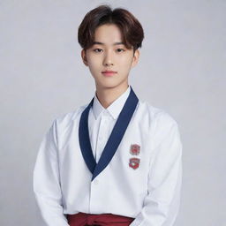 Generate an image of Jungwon, a member of the K-pop band ENHYPEN, dressed in a traditional Korean school uniform.