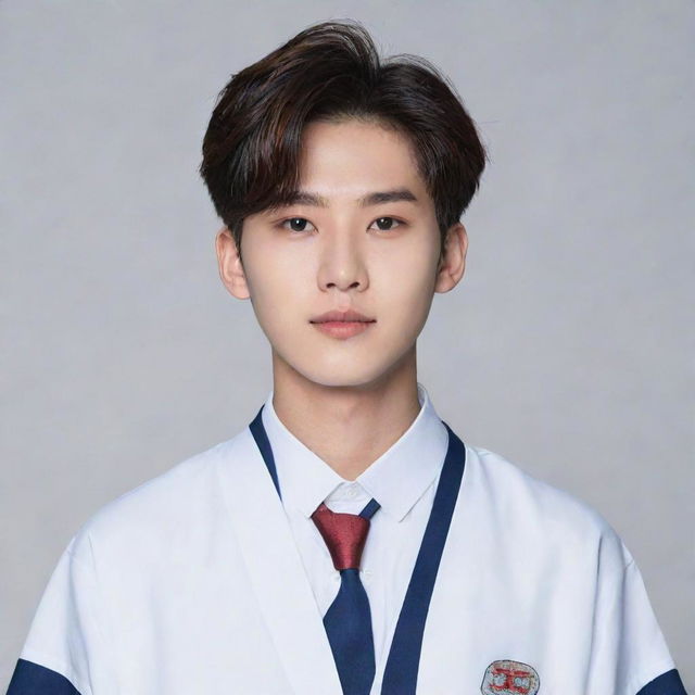 Generate an image of Jungwon, a member of the K-pop band ENHYPEN, dressed in a traditional Korean school uniform.