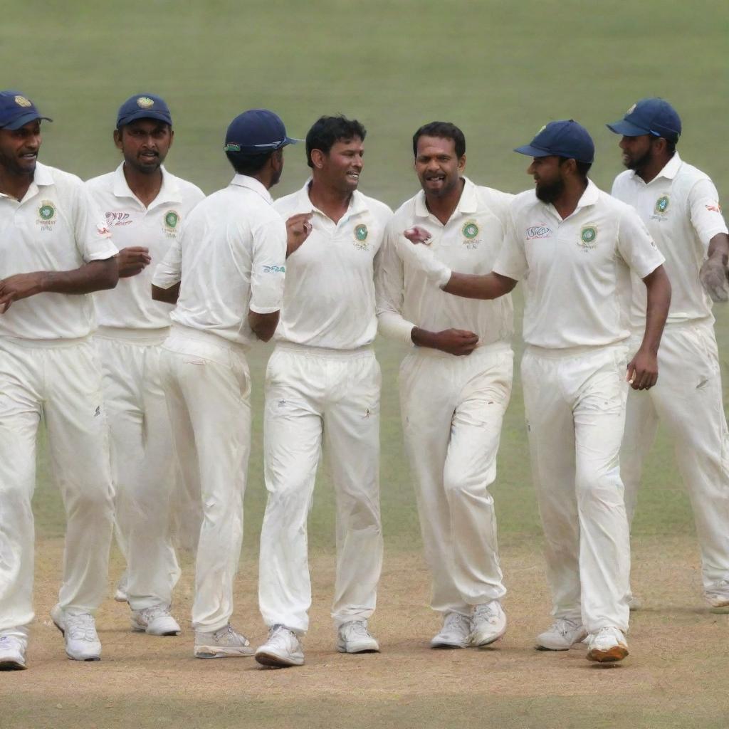 A determined and resilient cricket team, in the heat of the game, displaying their unwavering spirit and relentless pursuit of victory.