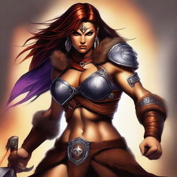 This is a digital art image of a female barbarian, inspired by the Dungeons and Dragons universe